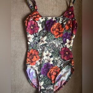 Vintage Coral Key One Piece Swimsuit Floral Made in USA 10